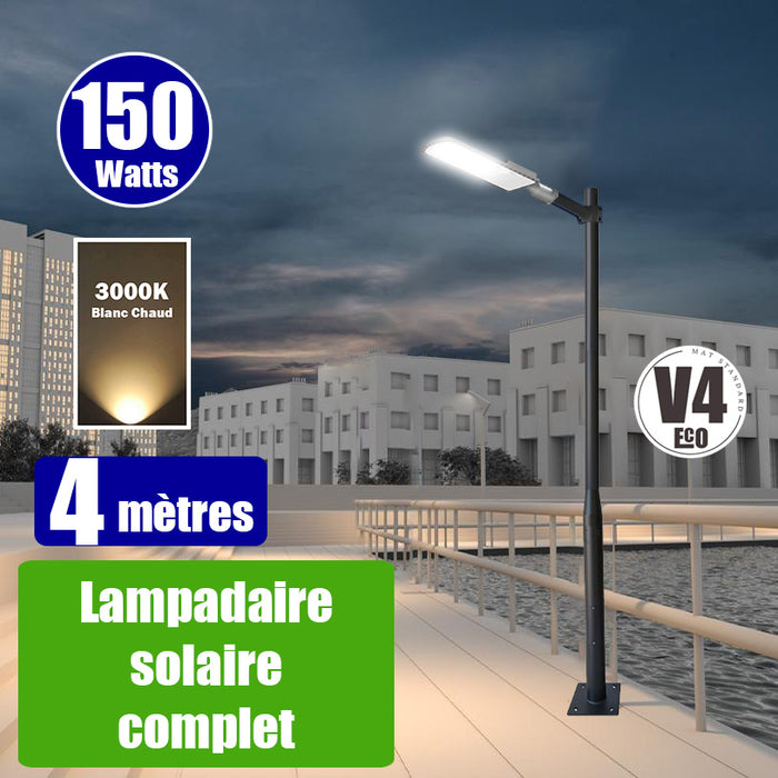 Pack lampadaire filaire complet 4 mètres : Lampe de rue filaire - Série FLEX ECO - 150 Watts - 18 000 Lumens - 3000k + Mât STANDARD V4 ECO 4 mètres - Avec trappe + Support déporté 60mm