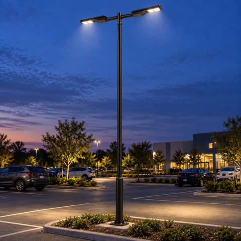 Pack lampadaire solaire complet double tête 3/4/5/6 mètres au choix : 2x Lampes solaires Série POWER EVO V2 + Mât STANDARD V1 EVO - Entraxe des trous 200mm + Adaptateur en ligne ou perpendiculaire 80/60 mm
