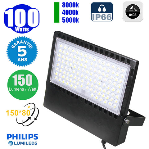 Projecteur LED filaire - Série CITY PLUS ULTRA - 100 Watts - 15 000 Lumens - 150 Lumens/Watt - Angle 150°*80° - IP66 - IK08 - 40 x 31 x 5 cm - Support ajustable 270° - Câble 50cm - 3000k/4000k/5000k au choix - Garantie 5 ans