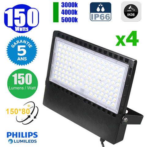 Pack de 4x Projecteurs LED filaires - Série CITY PLUS ULTRA - 150 Watts - 22 500 Lumens - 150 Lumens/Watt - Angle 150°*80° - IP66 - IK08 - 40 x 31 x 5 cm - Support ajustable 270° - Câble 50cm - 3000k/4000k/5000k au choix - Garantie 5 ans