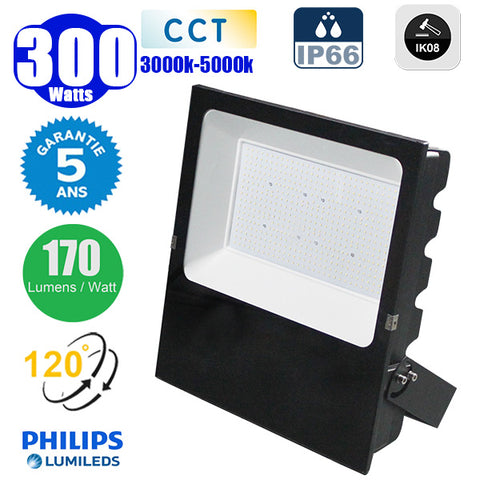 DERNIER DU STOCK : Projecteur LED filaire CCT (Couleur Changeante en Température) - Série CITY PLUS ULTRA - 300 Watts - 51 000 Lumens - 170 Lumens/Watt - Angle 120° - IP66 - IK08 - 48 x 43 x 11 cm - Support ajustable 270° - Câble 50cm - Garantie 5 ans