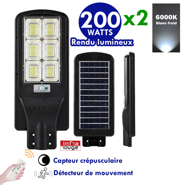 Pack de 2x Lampes de rue solaire - Série POWER V200 - Rendu lumineux 200 Watts - 63 x 25 cm - IP65 - Angle 120° - Avec télécommande - Avec détecteur de mouvement - Avec capteur crépusculaire - 6000k - Diamètre tube d’insertion 45 mm