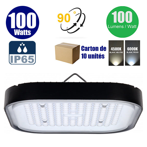 Carton de 10x Lampes industrielles LED - Série SQUARE - 100 Watts - 10 000 Lumens - 100 Lumens/Watt - Angle 90° - 20 x 20 x 10 cm - IP65 - 4000k / 6000k au choix