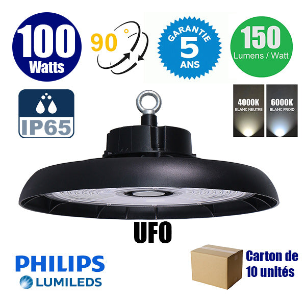 Carton de 10x Lampes industrielles LED UFO - Série RUBIS - 100 Watts - 15 000 Lumens - 150 Lumens/Watt - Angle 90° - 27 x 15 cm - IP65 - Câble 30cm - 4000k / 6000k - Garantie 5 ans