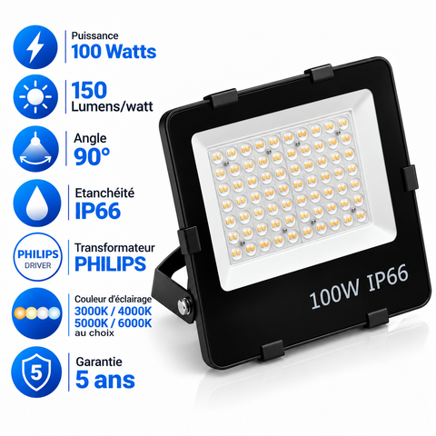 Projecteur LED Filaire - Série PAD V2 - 100 Watts - 15 000 Lumens - 150 Lumens/Watt - Angle 90° - IP66 - 29 x 28 x 5 cm - Transformateur Philips - 3000k/4000k/5000k/6000k au choix - Garantie 5 ans