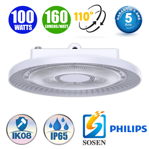 Lampe industrielle UFO - Série WHITE - 100 Watts - 16 000 Lumens - 160 Lumens/Watt - Angle 110° - IP65 - Protection à l'impact IK08 - 38 x 13cm - 5000k - Transformateur SOSEN  - DALI - Garantie 5 ans