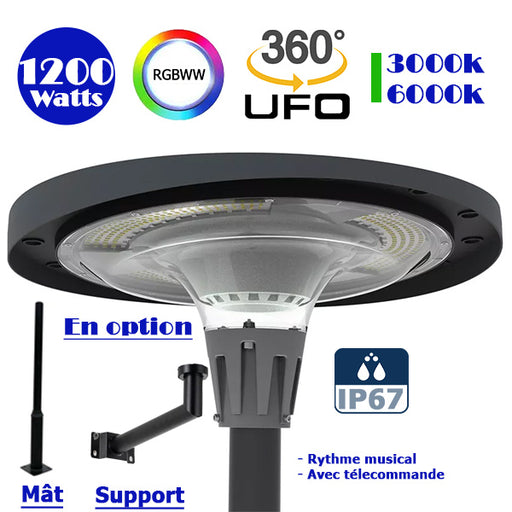 Lampe LED solaire  - Série OVNI FUTUR - RGBWW - Type UFO - 1200 Watts - 2800 lumens - Panneau Monocristallin - IP67 - Angle 360° - Diamètre tube d'insertion 76 mm - Télécommande - Application mobile Bluetooth - Rythme musical - Couleur 3000K / 6000K / RGB