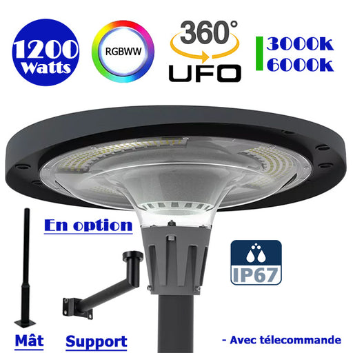 Lampe LED solaire  - Série OVNI FUTUR - RGBWW - Type UFO - 1200 Watts - 2800 lumens - Panneau Monocristallin - IP67 - Angle 360° - Diamètre tube d'insertion 76 mm - Télécommande - Couleur 3000K / 6000K / RGB