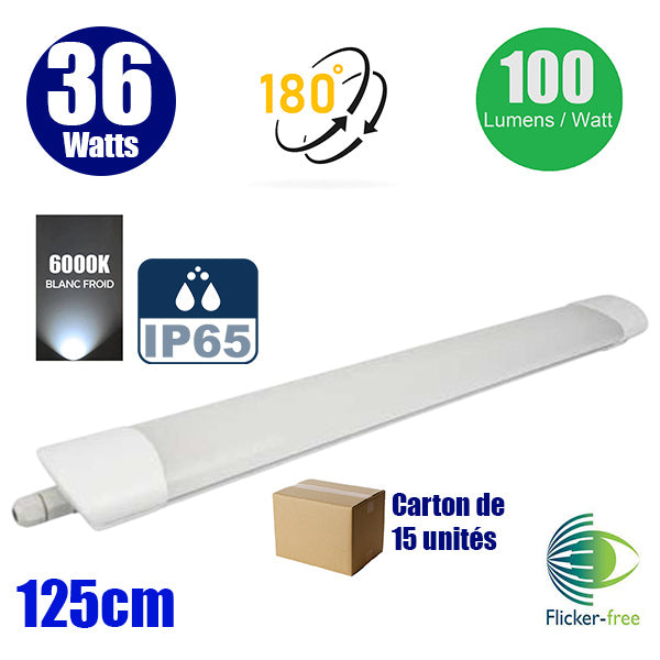 Carton de 15x  Réglettes LED étanches 125cm - Série FLAT - 36 Watts - 3600 Lumens - 100 Lumens/Watt - Angle 180° - 125 x 7 x 4 cm - IP65 - FLICKER FREE - 4000k / 6000k au choix