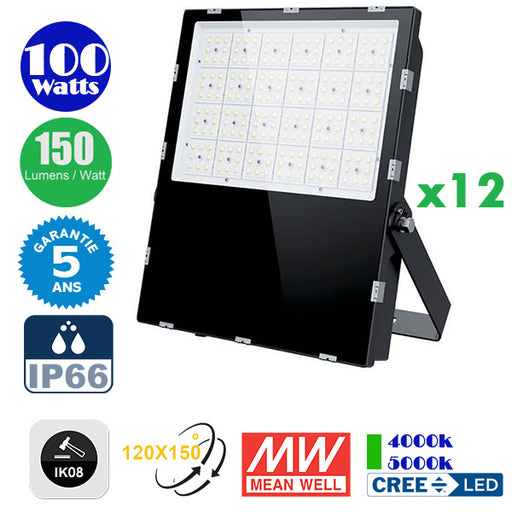 Pack de 12x Projecteurs LED Haute Puissance - Série CITY PLUS EVO 100 Watts - 15 000 Lumens - 150 Lumens/Watt - Angle  120x150° - IP66 - IK08 - 29 x 25 x 5 cm - Câble 1 mètre - Transformateur MEANWELL - Garantie 5 ans