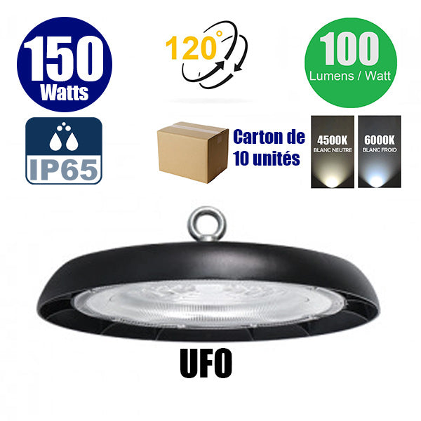 Carton de 10x Lampes industrielles LED UFO - Série DIAMANT V3 - 150 Watts - 15 000 Lumens - 100 Lumens/Watt - Angle 120° - 30 x 9 cm - IP65 - Câble 30cm - 4000k / 6000k au choix