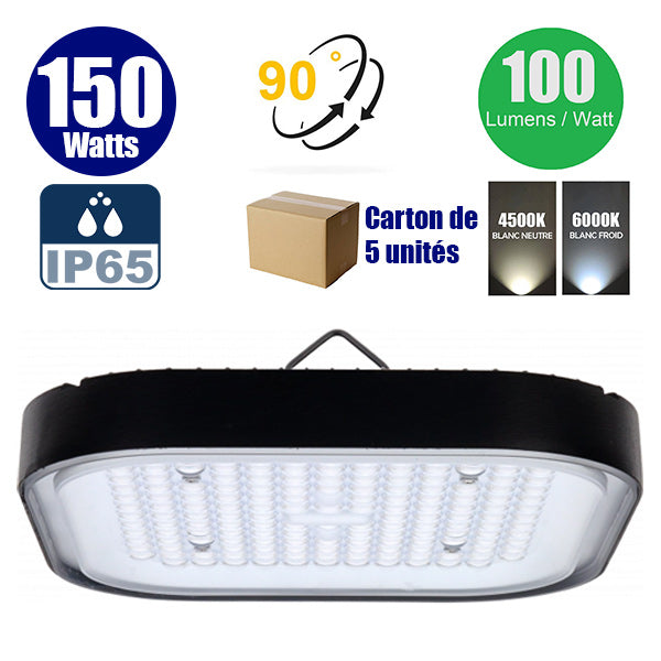 Carton de 5x Lampes industrielles LED - Série SQUARE - 150 Watts - 15 000 Lumens - 100 Lumens/Watt - Angle 90° - 26 x 26 x 10 cm - IP65 - 4500k / 6000k au choix