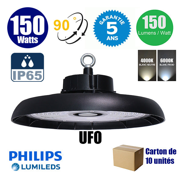 Carton de 10x Lampes industrielles LED UFO - Série RUBIS - 150 Watts - 22 500 Lumens - 150 Lumens/Watt - Angle 90° - 29 x 17 cm - IP65 - Câble 30cm - 4000k / 6000k - Garantie 5 ans