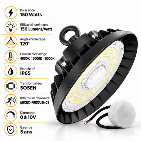 Lampe industrielle UFO - Série LIGHT V3 SENSOR - Avec détecteur de mouvement - 150 Watts - 22 500 Lumens - 150 Lumens/Watt - Angle 120° - IP65 - 28 x 12 cm - Transformateur SOSEN - Dimmable 0 à 10V - 3000k/4000k/6000k - Garantie 5 ans