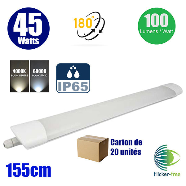 Carton de 20x Réglettes LED étanches 155cm - Série FLAT - 45 Watts - 4900 Lumens - 109 Lumens/Watt - Angle 180° - 155 x 74 x 42,5 mm - IP65 - FLICKER FREE - 4000k / 6000k au choix