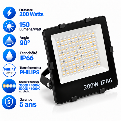 Projecteur LED Filaire - Série PAD V2 - 200 Watts - 30 000 Lumens - 150 Lumens/Watt - Angle 90° - IP66 - 36 x 35 x 7 cm - Transformateur Philips - 3000k/4000k/5000k/6000k au choix - Garantie 5 ans