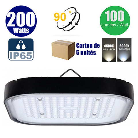Carton de 5x Lampes industrielles LED - Série SQUARE - 200 Watts - 20 000 Lumens - 100 Lumens/Watt - Angle 90° - 32 x 32 x 11 cm - IP65 - 4500k / 6000k au choix