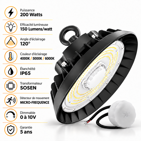 Lampe industrielle UFO - Série LIGHT V3 SENSOR - Avec détecteur de mouvement - 200 Watts - 30 000 Lumens - 150 Lumens/Watt - Angle 120° - IP65 - 32 x 13 cm - Transformateur SOSEN - Dimmable 0 à 10V - 3000k/4000k/6000k - Garantie 5 ans