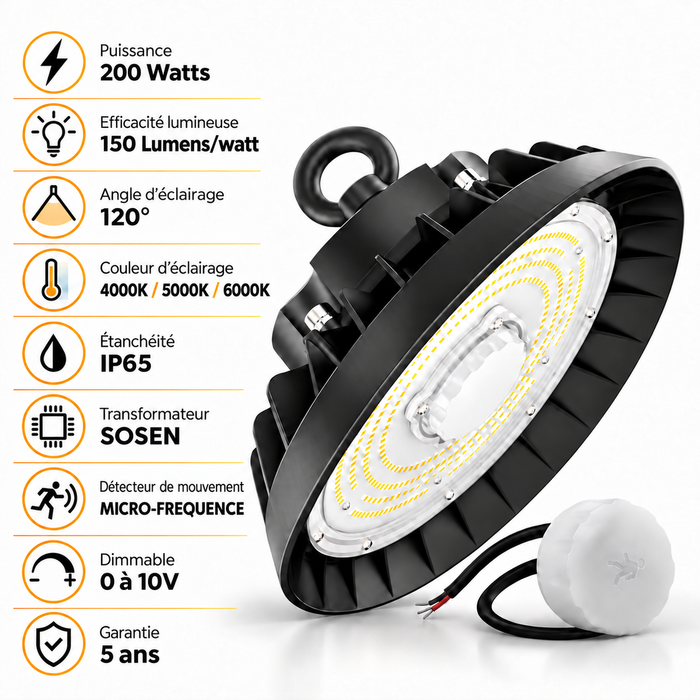 Lampe industrielle UFO - Série LIGHT V3 SENSOR - Avec détecteur de mouvement - 200 Watts - 30 000 Lumens - 150 Lumens/Watt - Angle 120° - IP65 - 32 x 13 cm - Transformateur SOSEN - Dimmable 0 à 10V - 3000k/4000k/6000k - Garantie 5 ans