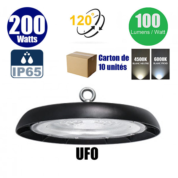 Carton de 10x Lampes industrielles LED UFO  - Série DIAMANT V3 - 200 Watts - 20 000 Lumens - 100 Lumens/Watt - Angle 120° - 33 x 10 cm - IP65 - Câble 30cm - 4000k / 6000k au choix