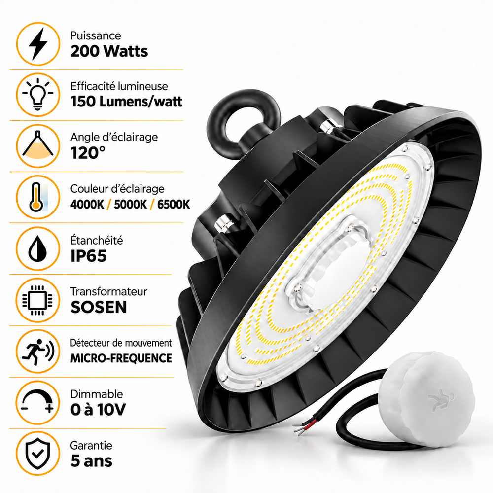 Lampe industrielle UFO - Série LIGHT V3 SENSOR - Avec détecteur de mouvement - 200 Watts - 30 000 Lumens - 150 Lumens/Watt - Angle 120° - IP65 - 32 x 13 cm - Transformateur SOSEN - Dimmable 0 à 10V - 3000k/4000k/6000k - Garantie 5 ans