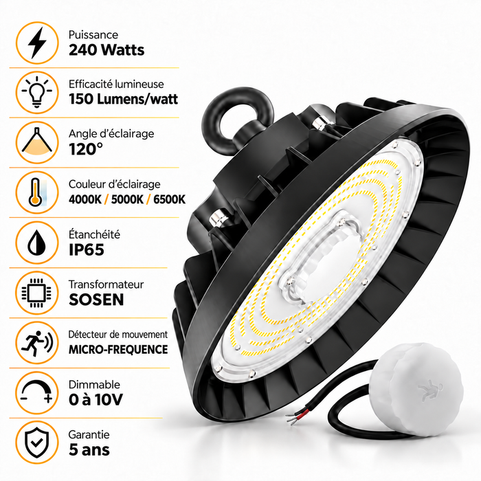 Lampe industrielle UFO - Série LIGHT V3 SENSOR - Avec détecteur de mouvement - 240 Watts - 36 000 Lumens - 150 Lumens/Watt - Angle 120° - IP65 - 36 x 14 cm - Transformateur SOSEN - Dimmable 0 à 10V - 3000k/4000k/6000k - Garantie 5 ans