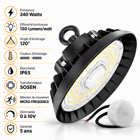 Lampe industrielle UFO - Série LIGHT V3 SENSOR - Avec détecteur de mouvement - 240 Watts - 36 000 Lumens - 150 Lumens/Watt - Angle 120° - IP65 - 36 x 14 cm - Transformateur SOSEN - Dimmable 0 à 10V - 3000k/4000k/6000k - Garantie 5 ans