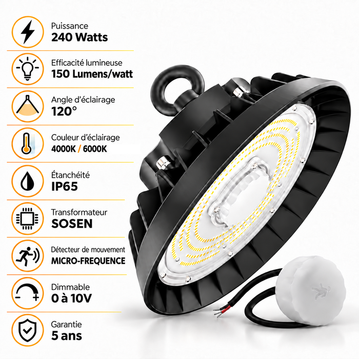 Lampe industrielle UFO - Série LIGHT V3 SENSOR - Avec détecteur de mouvement - 240 Watts - 36 000 Lumens - 150 Lumens/Watt - Angle 120° - IP65 - 36 x 14 cm - Transformateur SOSEN - Dimmable 0 à 10V - 3000k/4000k/6000k - Garantie 5 ans