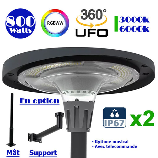 Pack de 2x Lampes LED solaires - Série OVNI FUTUR - RGBWW - Type UFO - 800 Watts - 2000 lumens - Panneau Polycristallin - Diamètre tube d'insertion 76 mm - Télécommande - Rythme musical - Couleur 3000K / 6000K / RGB