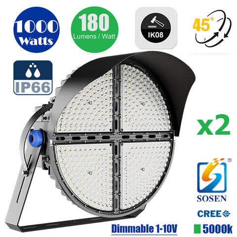 DERNIER DU STOCK : 2x Projecteurs de stade filaire - Série ROUND V2 - 1000 Watts -  180 000 Lumens - 180 Lumens/Watt - Angle 45° - IP66 - 70 x 65 x 26 cm - 5000k - Dimmable - Transformateur SOSEN - Garantie 5 ans