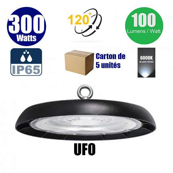 Carton de 5x Lampes industrielles LED UFO - Série DIAMANT V3 - 300 Watts - 30 000 Lumens - 100 Lumens/Watt - Angle 120° - 37 x 11 cm - IP65 - Câble 30cm - 6000k