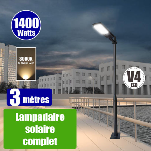 Pack lampadaire solaire complet 3 mètres : Lampadaire solaire - Série VIEW V2 EVO 1400 Watts - 4500 Lumens - 3000k + Mât STANDARD V4 ECO 3 mètres - Avec trappe + Support déporté 45mm