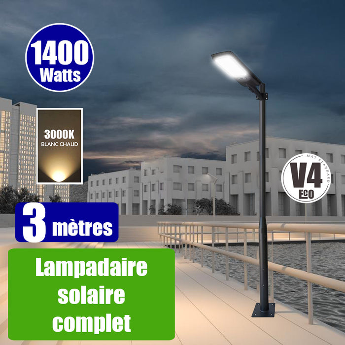 Pack lampadaire solaire complet 3 mètres : Lampadaire solaire - Série VIEW V2 EVO 1400 Watts - 4500 Lumens - 3000k + Mât STANDARD V4 ECO 3 mètres - Avec trappe + Support déporté 45mm