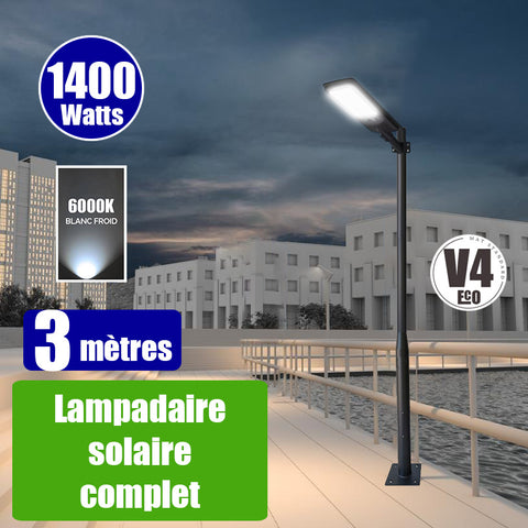 Pack lampadaire solaire complet 3 mètres : Lampadaire solaire - Série VIEW V2 EVO 1400 Watts - 4500 Lumens - 6000k + Mât STANDARD V4 ECO 3 mètres - Avec trappe + Support déporté 45mm