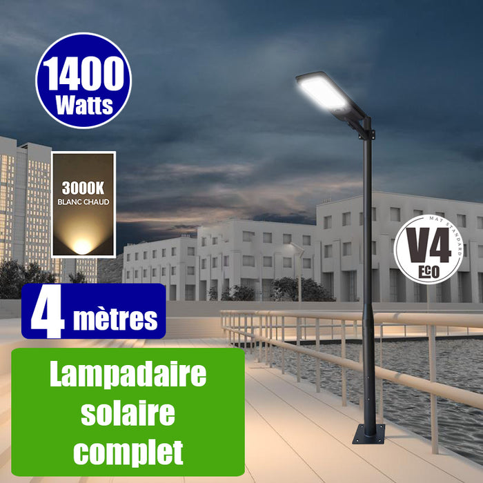 Pack lampadaire solaire complet 4 mètres : Lampadaire solaire - Série VIEW V2 EVO 1400 Watts - 4500 Lumens - 3000k + Mât STANDARD V4 ECO 4 mètres - Avec trappe + Support déporté 45mm