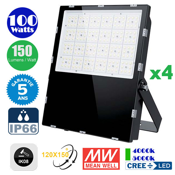 Pack de 4x Projecteurs LED Haute Puissance - Série CITY PLUS EVO 100 Watts - 15 000 Lumens - 150 Lumens/Watt - Angle  120x150° - IP66 - IK08 - 29 x 25 x 5 cm - Câble 1 mètre - Transformateur MEANWELL - Garantie 5 ans