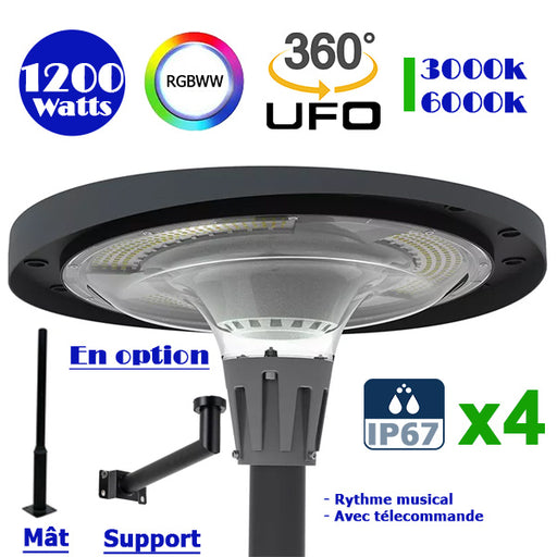Pack de 4x Lampes LED solaires  - Série OVNI FUTUR - RGBWW - Type UFO - 1200 Watts - 2800 lumens - Panneau Monocristallin - Diamètre tube d'insertion 76 mm - Télécommande - Application mobile Bluetooth - Rythme musical - Couleur 3000K / 6000K / RGB