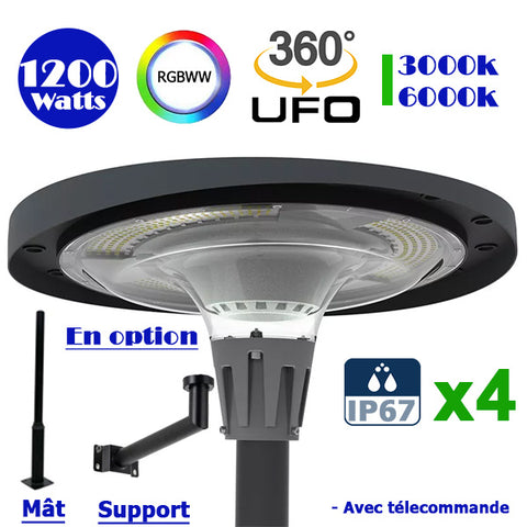 Pack de 4x Lampes LED solaires  - Série OVNI FUTUR - RGBWW - Type UFO - 1200 Watts - 2800 lumens - Panneau Monocristallin - Diamètre tube d'insertion 76 mm - Télécommande - Couleur 3000K / 6000K / RGB