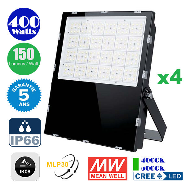 Pack de 4x Projecteurs LED Haute Puissance - Série CITY PLUS EVO 400 Watts - 60 000 Lumens - 150 Lumens/Watt - Angle  MLP30 - IP66 - IK08 - 50 x 41 x 7 cm - Transformateur MEANWELL - 4000k / 5000k - Garantie 5 ans