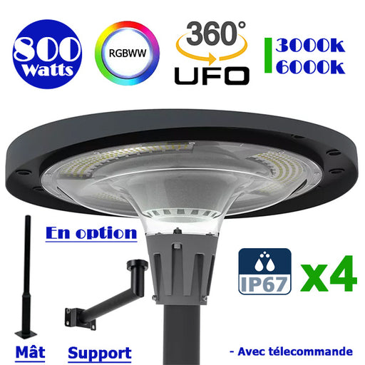 Pack de 4x Lampes LED solaires - Série OVNI FUTUR - RGBWW - Type UFO - 800 Watts - 2000 lumens - Panneau Polycristallin - Diamètre tube d'insertion 76 mm - Télécommande - Couleur 3000K / 6000K / RGB