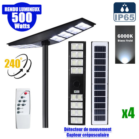 Pack de 4x Lampadaires solaires pour extérieur - Série OVNI SATELLITE - 500 Watts - Angle 240° - IP65 - 117 x 24 x 12 cm - Diamètre tube d’insertion 76/60mm - 3 Modes - Télécommande - Détecteur de mouvement - Capteur crépusculaire - 6000k