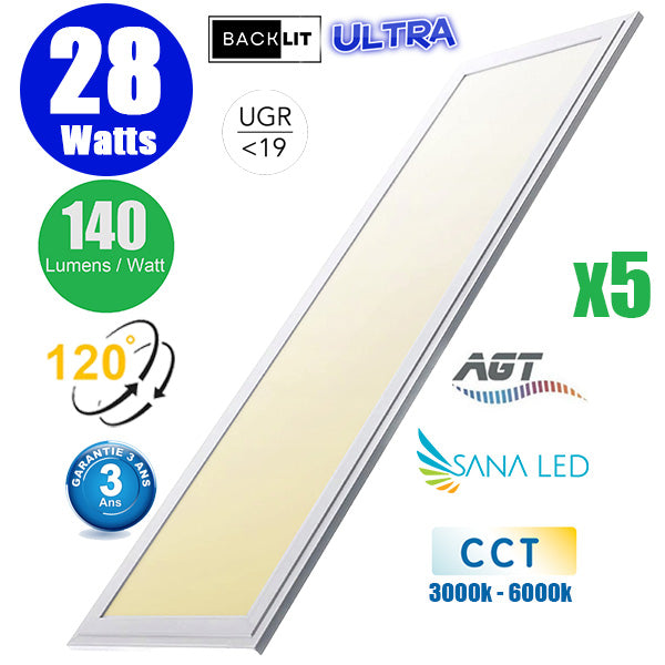 Pack de 5x Dalles LED Dernière génération - BACKLIT - 30 x 120 cm - Série AMBITION ULTRA - CCT (Couleur Changeante en Température) – Puissance 28 Watts - 3920 Lumens - 140 Lumens/Watt - Transformateur inclus - UGR <19 - Garantie 3 ans