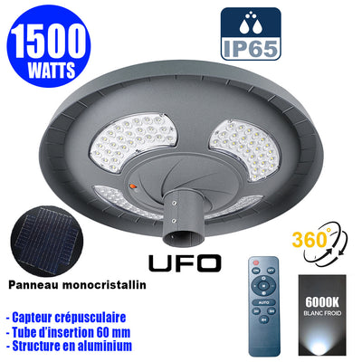 Lampe solaire pour extérieur - Série OVNI FUTUR V2 - 1500 Watts - 3200 Lumens - Angle 360° - IP65 - 61 x 19 cm - Tube d'insertion 76 mm - Structure en aluminium - Capteur crépusculaire - Télécommande multifonctions - 6000k