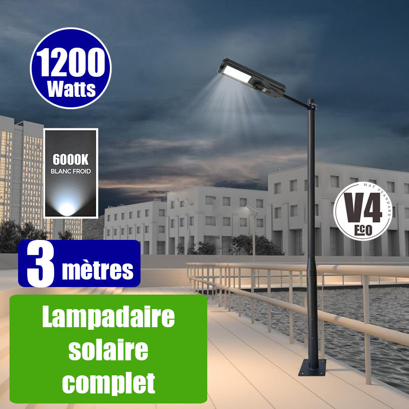 Pack lampadaire solaire complet 3 mètres : Lampadaire solaire - Série STARSHIP - Rendu lumineux 1200 Watts - 3600 Lumens - 6000k + Mât STANDARD V4 ECO 3 mètres - Avec trappe + Support déporté 45mm