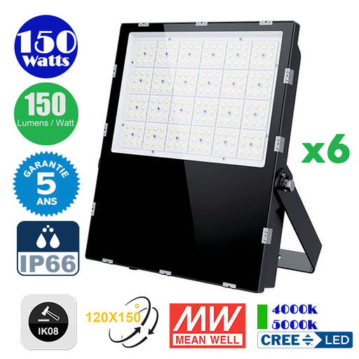 Pack de 6x Projecteurs LED Haute Puissance - Série CITY PLUS EVO 150 Watts - 22 500 Lumens - 150 Lumens/Watt - Angle  120x150° - IP66 - IK08 - 34 x 26 x 5 cm - Transformateur MEANWELL - 4000k / 5000k au choix - Garantie 5 ans