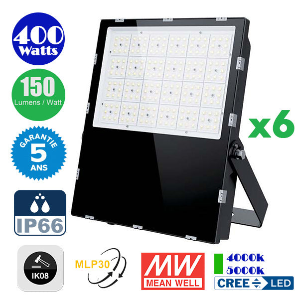 Pack de 6x Projecteurs LED Haute Puissance - Série CITY PLUS EVO 400 Watts - 60 000 Lumens - 150 Lumens/Watt - Angle  MLP30 - IP66 - IK08 - 50 x 41 x 7 cm - Transformateur MEANWELL - 4000k / 5000k - Garantie 5 ans