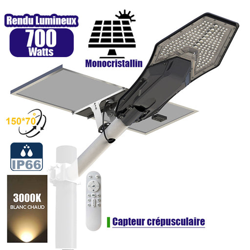 Lampe de rue solaire - Série INTERSTELLAR ELITE 700 Watts - 4800 Lumens - Angle 150*70° - IP66 - Lampe 65 x 32 x 10 cm - Panneau MONO 70 x 35 x 2 cm - Contrôleur intelligent - Avec télécommande - 3000k - Support inclus - Capteur crépusculaire