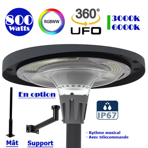 Lampe LED solaire  - Série OVNI FUTUR - RGBWW - Type UFO - 800 Watts - 2000 lumens - Panneau Polycristallin - Angle 360° - Diamètre tube d'insertion 76 mm - Télécommande - Rythme musical - Couleur 3000K / 6000K / RGB