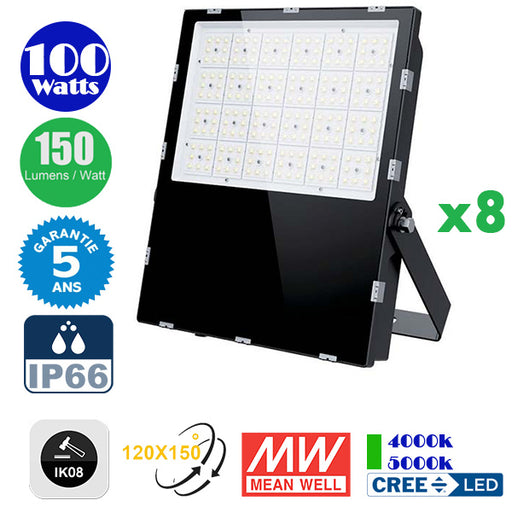 Pack de 8x Projecteurs LED Haute Puissance - Série CITY PLUS EVO 100 Watts - 15 000 Lumens - 150 Lumens/Watt - Angle  120x150° - IP66 - IK08 - 29 x 25 x 5 cm - Câble 1 mètre - Transformateur MEANWELL - Garantie 5 ans