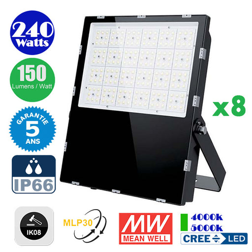 Pack de 8x Projecteurs LED Haute Puissance - Série CITY PLUS EVO 240 Watts - 36 000 Lumens - 150 Lumens/Watt - Angle  MLP30 - IP66 - IK08 - 41 x 33 x 5 cm - Transformateur MEANWELL - 4000k / 5000k - Garantie 5 ans